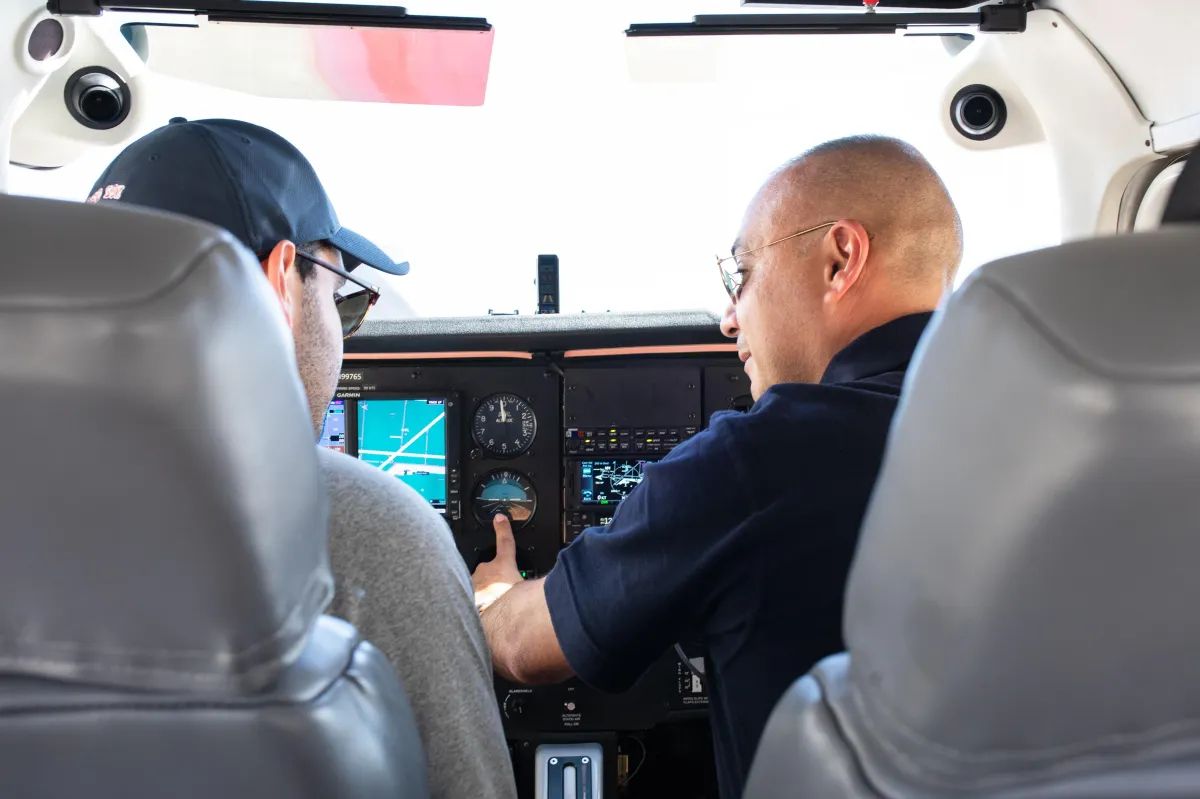 Student pilot training in a Cessna cockpit at Valley Wings Flight School in Harlingen, Texas